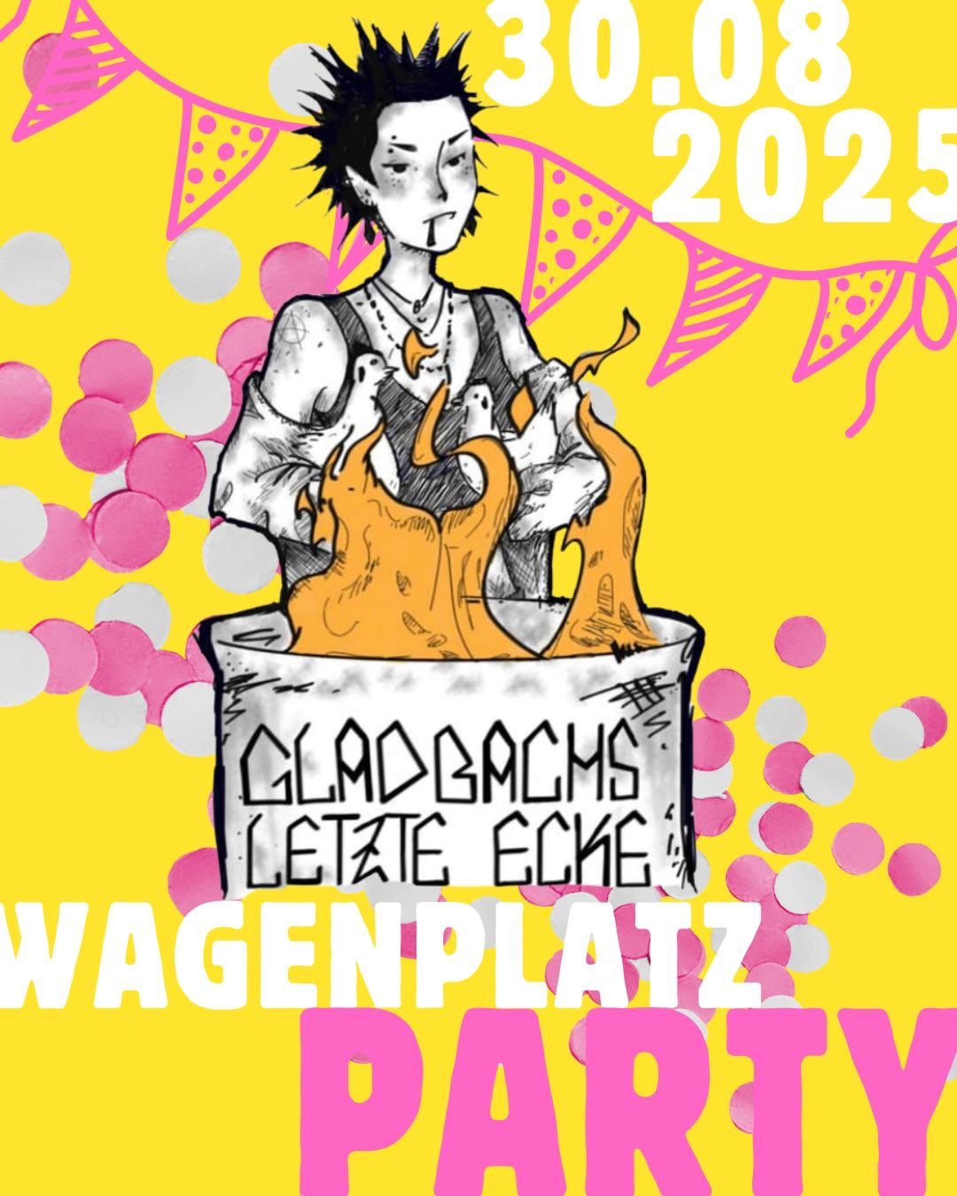 Share Pic mit gelbem Hintergrund und dem Text "20.08.2025 Wagenplatz Party" in großer Schrift. In der Mitte ist eine Feuertonne zu sehen, hinter der eine Person steht, die auf jedem Arm ein Huhn hat. Aus der Feuertonne lodern Flammen, darauf steht "Gladbachs Letzte Ecke".