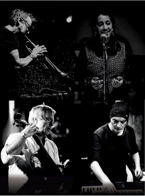 Ein Bild mit vier schwarz-weiß Fotos von Musiker*innen. Links oben eine männlich gelesene Person mit kurzen blonden Haaren und Brille, die Trompete spielt. Rechts daneben eine weiblich gelesene BIPoC mit langen dunklen Haaren und Ohrringen vor einem Mikrofon. Unten sind zwei männlich gelesene Menschen zu sehen, der links trägt ein weißes Freizeithemd, eine Brille und spielt Cello, die Person rechts trägt eine Mütze, ein schwarzes Oberteil. Sie steht vor einem Keyboard.